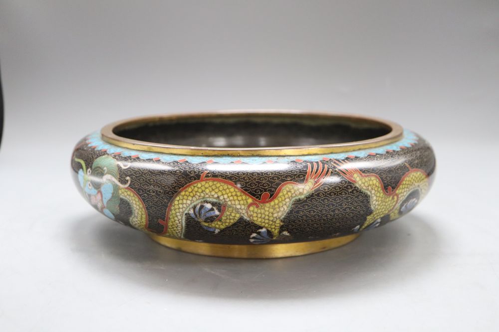 A large Chinese cloisonne enamel dragon bowl, Ming mark, 1920s, diameter 27cm